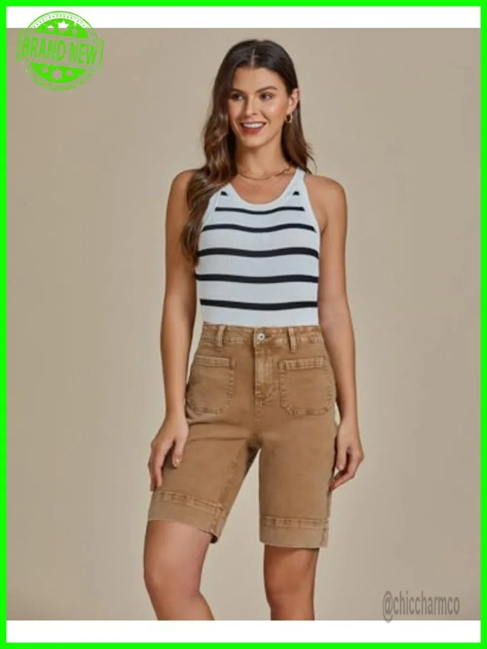 High Waisted Bermuda Shorts Denim Patch Pocket Stretchy Jorts